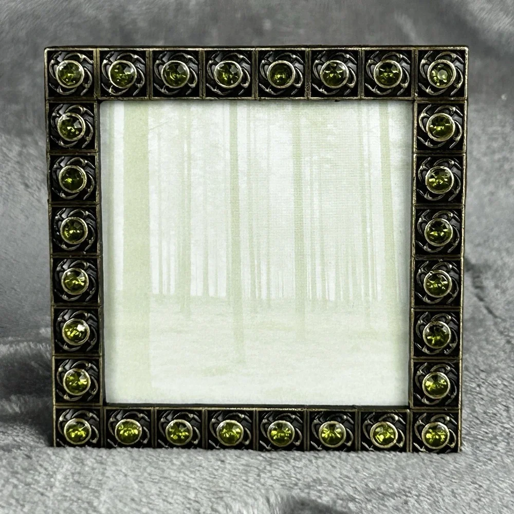 VTG Brass Jeweled Metal Square Frame Green Peridot Colored Rhinestones Boho‎